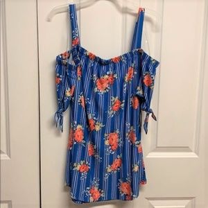Bobbie Brooks Blue Stripe Pink Rose Print Cold Shoulders Top Size M NWT